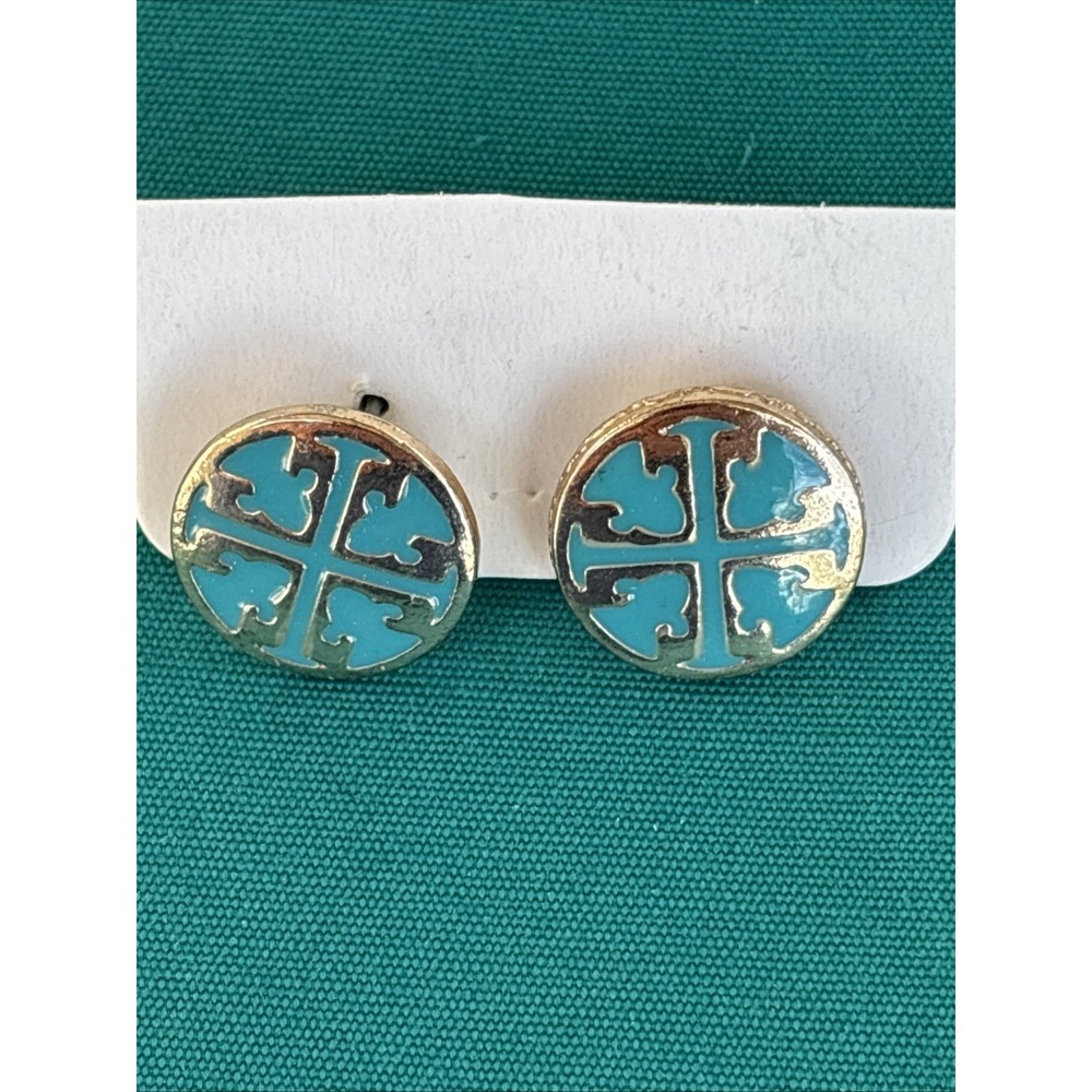 Tory Burch Logo Goldtone Earrings 1/2" Teal